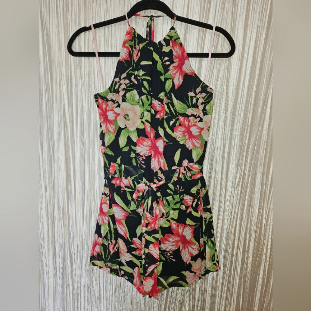 Tropical Floral Halter Top Romper with Open Back- Women's Size XS